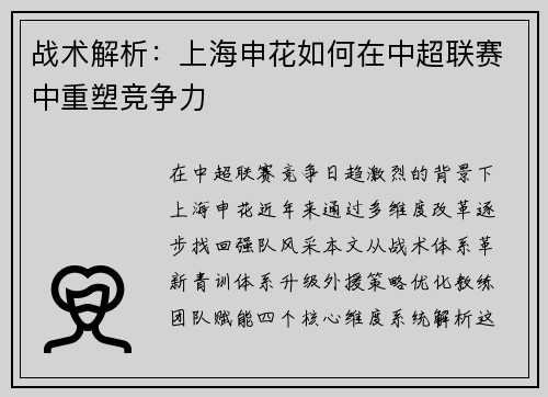 战术解析：上海申花如何在中超联赛中重塑竞争力