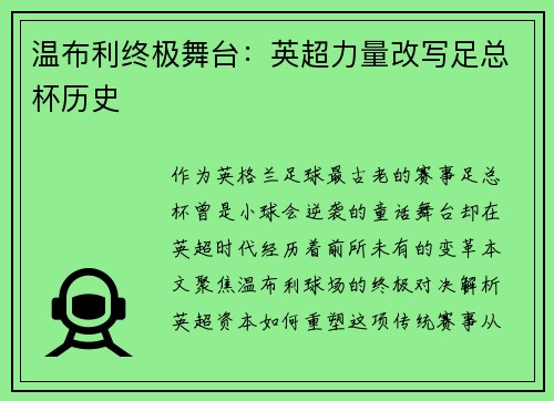 温布利终极舞台：英超力量改写足总杯历史