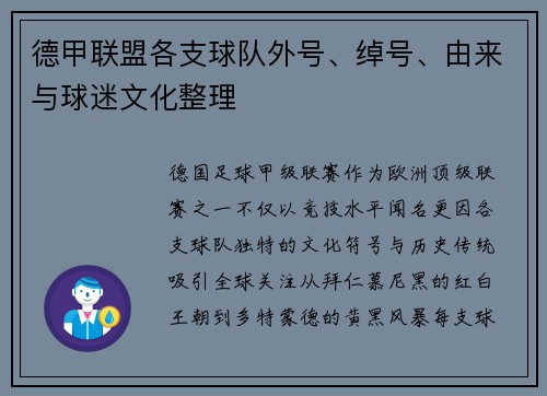 德甲联盟各支球队外号、绰号、由来与球迷文化整理
